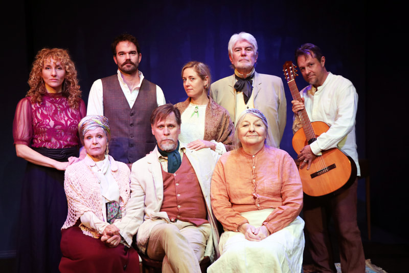 The Cast of Uncle Vanya by Andon Chekhov: left to right: back row: Jade Sealey,  Brian Henderson, Eve Danzeisen, David Purdham, Michael Matthys. Front row: Janellen Steininger, Don Harvey, April Adams. directed by Jack Stehlin at The New American Theatre. Photo: Jeannine Wisnosky Stehlin